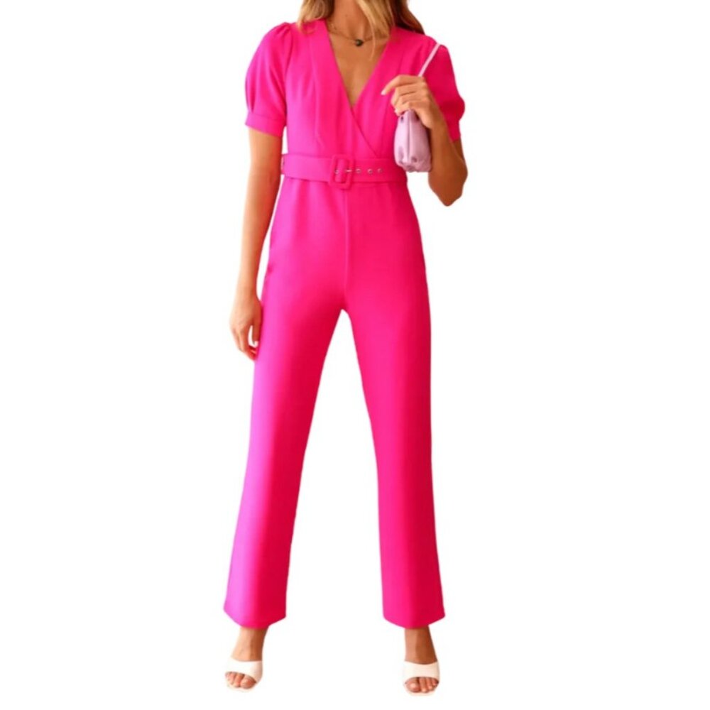 Adelyn Rae Hot Pink Kori Belted Short Sleeve Jumpsuit, Size Medium, NWT! $128